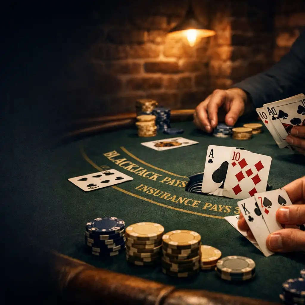 Stół do blackjacka z kartami i żetonami w podziemnym wnętrzu Dining Cellar