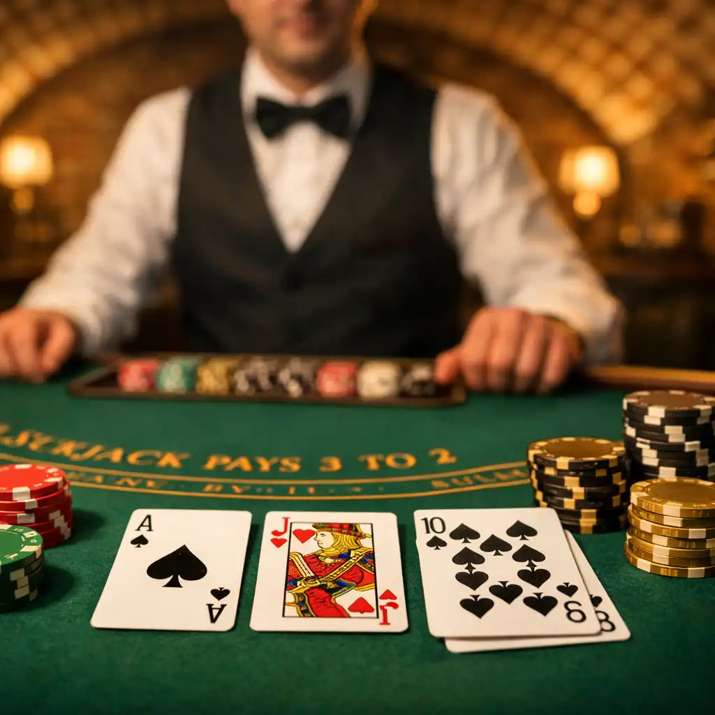 Stół do blackjacka z kartami i żetonami, krupier w tle