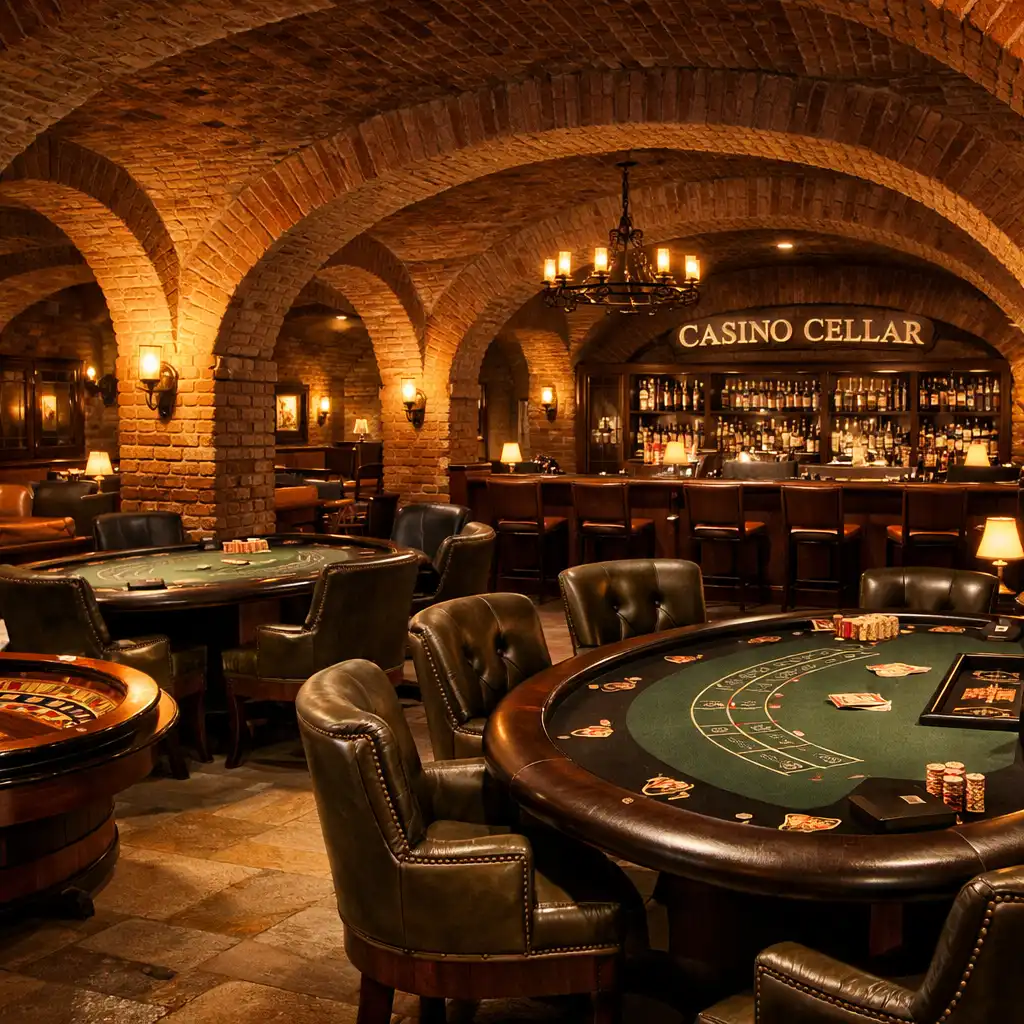 Wnętrze Casino Cellar z ceglanymi łukami, stołami do gier i barem w tle