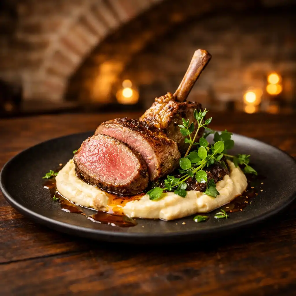 Jagnięcina sous-vide z puree z topinamburu, elegancko podana na ciemnym talerzu z dekoracją z ziół