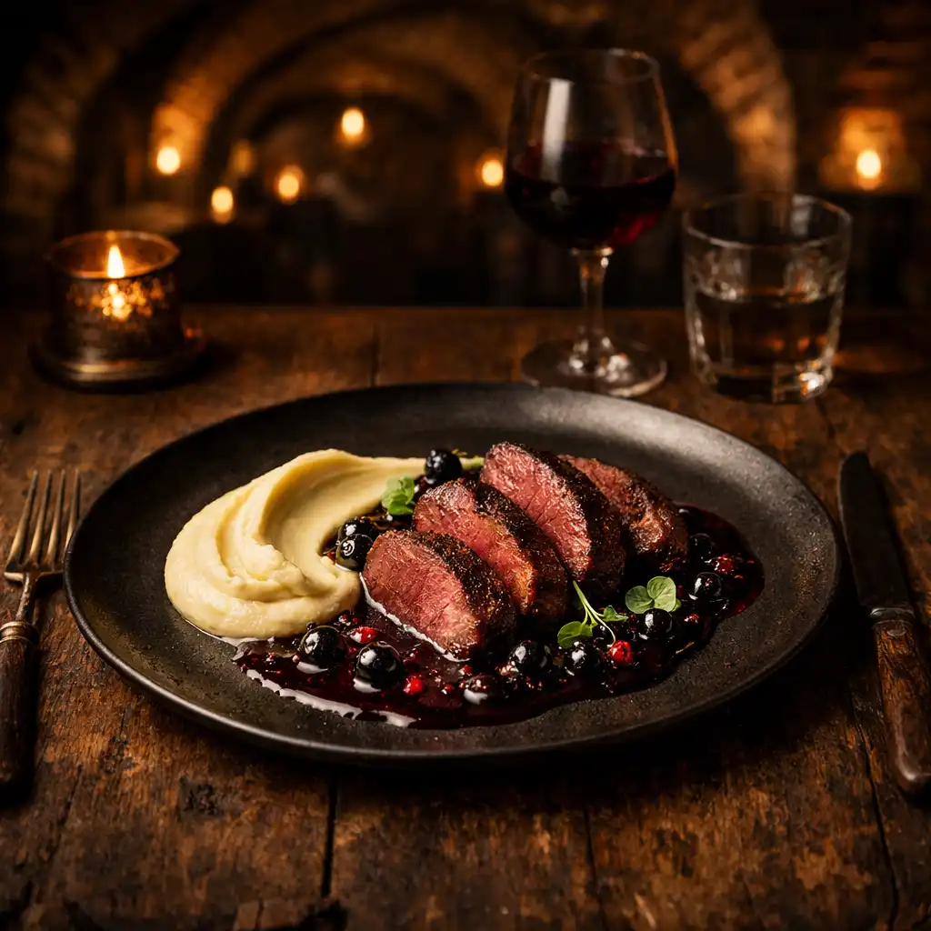 Elegancko podane danie na rustykalnym stole w piwnicznej restauracji z ceglanymi sklepieniami