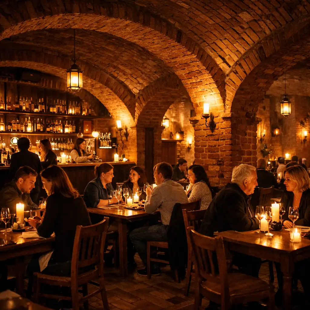 Wieczorna atmosfera restauracji Dining Cellar z gośćmi przy stolikach, świecami i ciepłym światłem