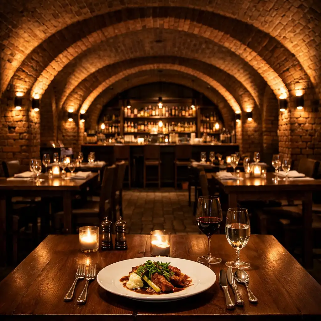 Wnętrze restauracji Dining Cellar z ceglanymi sklepieniami, ciepłym oświetleniem i elegancko nakrytymi stolikami