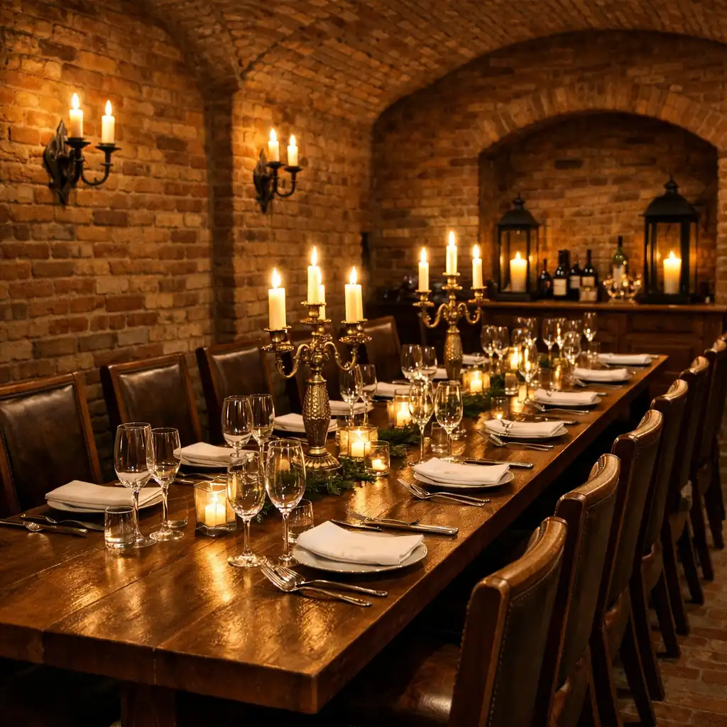 Prywatna sala w piwnicy Dining Cellar z długim stołem nakrytym dla grupy i ceglanymi ścianami