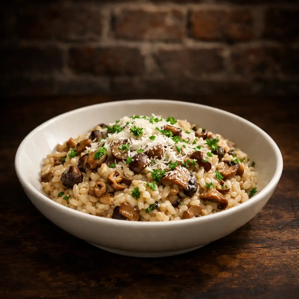 Risotto z grzybami leśnymi, podane w głębokim talerzu, posypane parmezanem i natką pietruszki