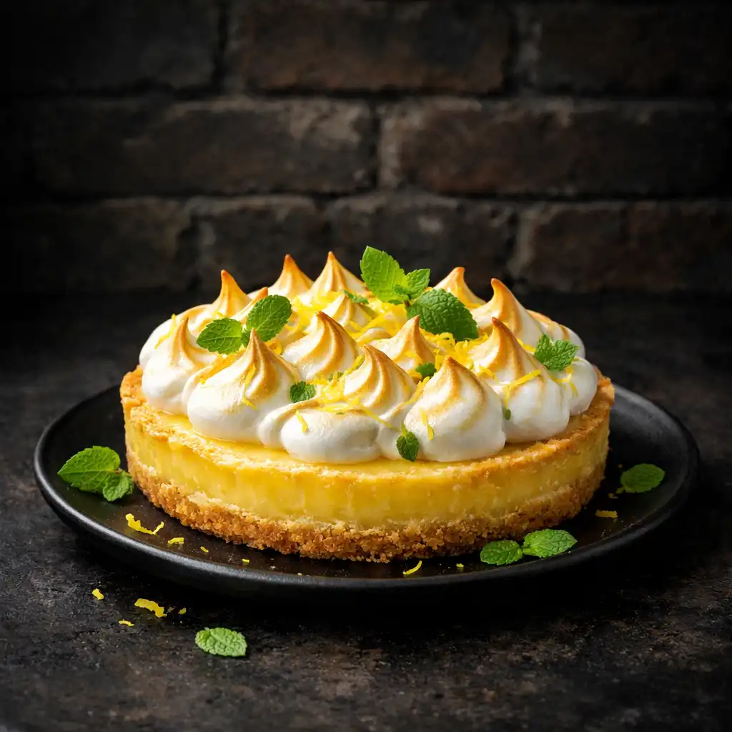 Tarta cytrynowa z bezą, podana na ciemnym talerzu, udekorowana skórką cytrynową i listkami mięty
