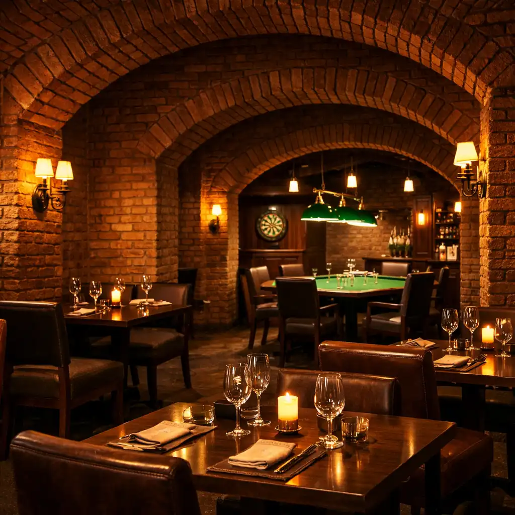 Wnętrze restauracji Dining Cellar z ceglanymi sklepieniami łukowymi, stołami z ciemnego drewna i strefą gier