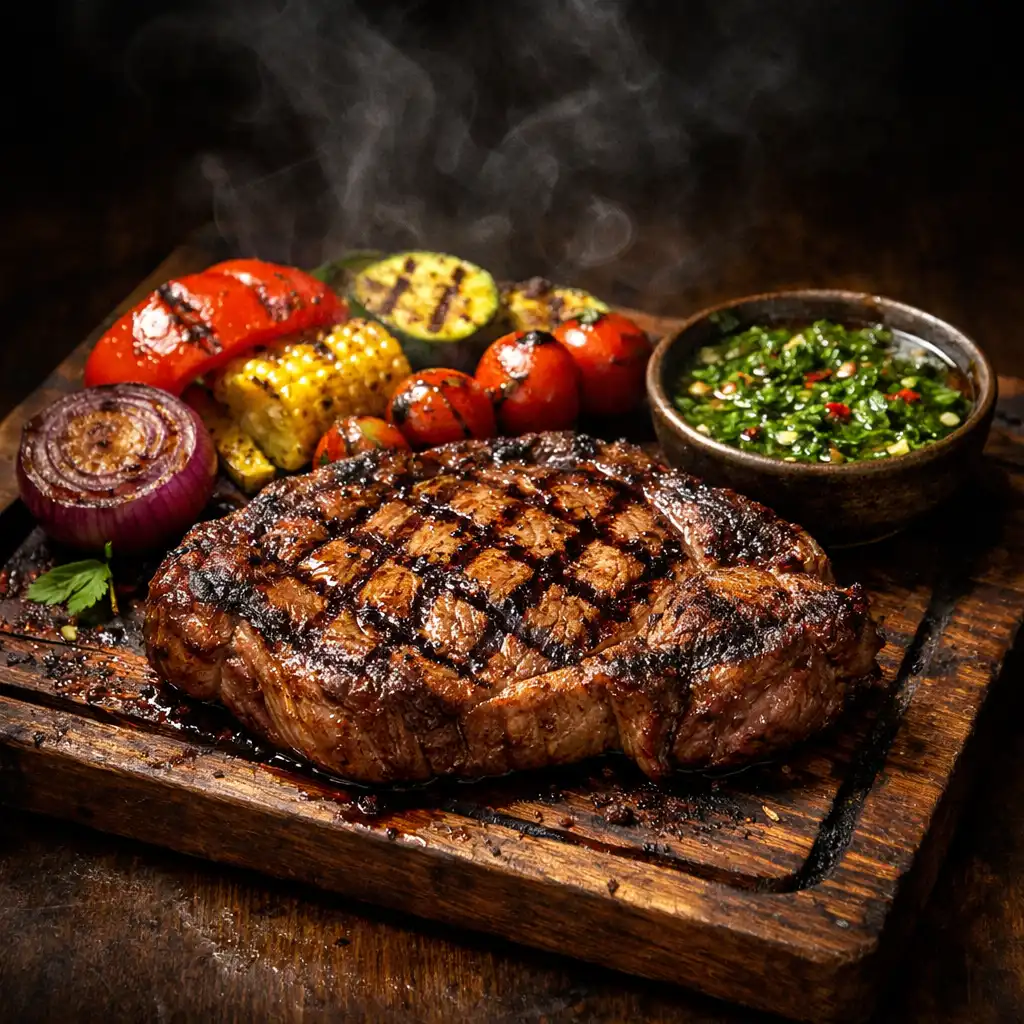 Stek ribeye z rusztu z wyraźnymi śladami grilla, podany na desce z grillowanymi warzywami