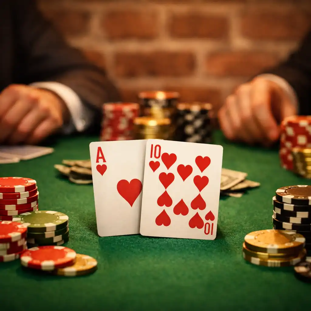 Stół pokerowy z zielonym suknem, kartami i żetonami w ciepłym świetle
