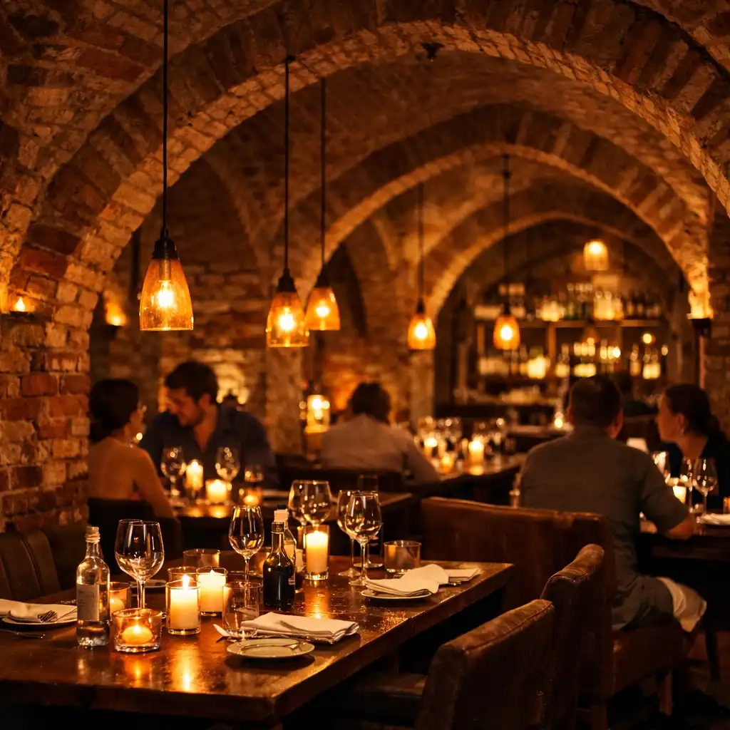 Główna sala Dining Cellar z ceglanymi łukami, wiszącymi lampami i elegancko nakrytymi stolikami