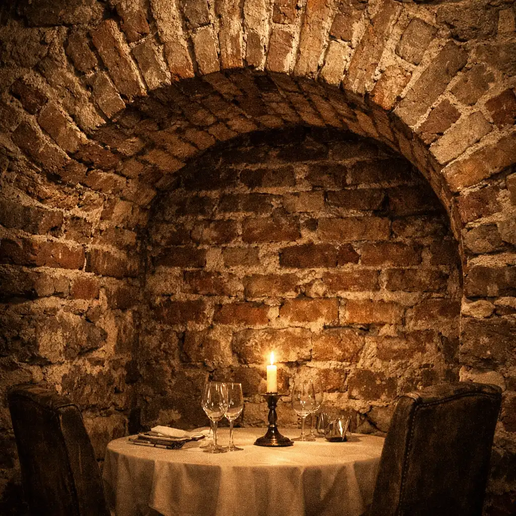 Historyczny ceglany łuk w podziemiach Dining Cellar z małym stolikiem i świecą