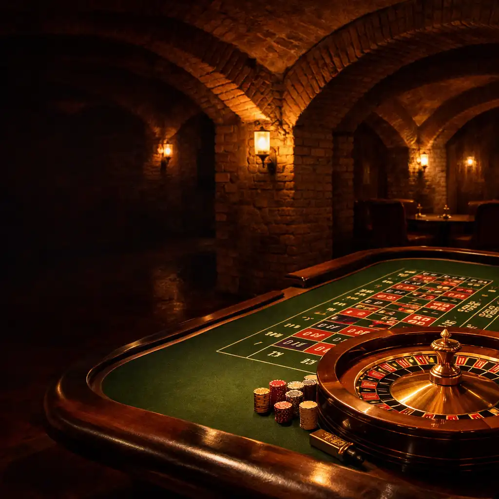 Elegancki stół do ruletki w ciemnym, podziemnym wnętrzu Dining Cellar