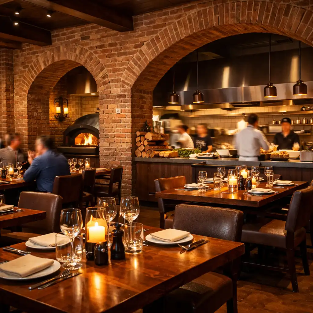 Sala główna Dining Cellar z widokiem na otwartą kuchnię