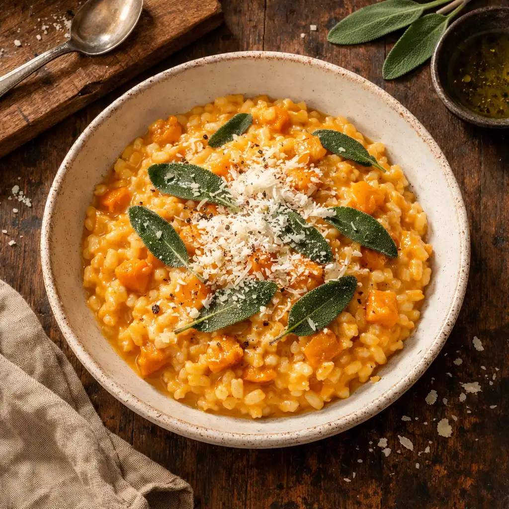 Kremowe risotto z dynią i szałwią posypane parmezanem