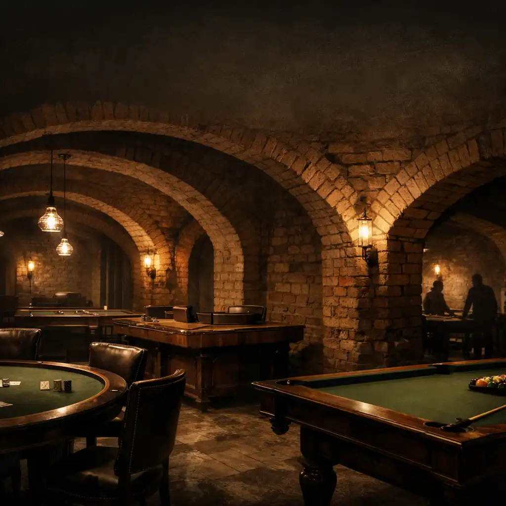 Wnętrze strefy gier Casino Cellar z ceglanymi sklepieniami i ciepłym oświetleniem