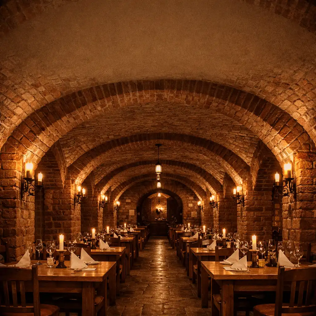 Wnętrze Dining Cellar z ceglanymi sklepieniami i ciepłym oświetleniem